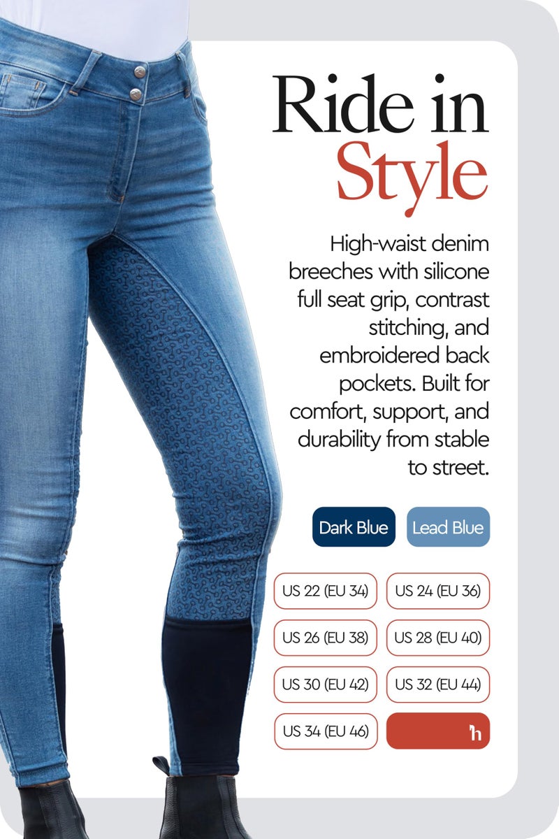 HORZE Kaia Womens Denim Horse Riding Pants | High Waist Silicone Full Seat Breeches - Lead Blue - 32 - Image 3